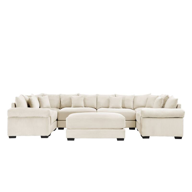 GDFStudio - Corduroy U-Shaped 6-Seater 137.7" Cloud Modular Sectional Couch with Ottoman