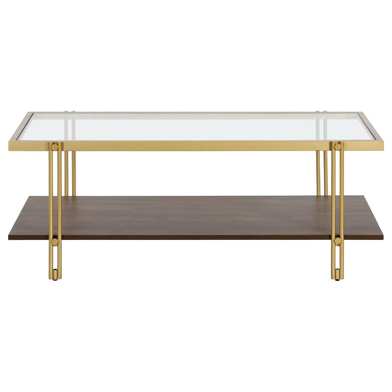 Stylish 45" Coffee Table with Brown Glass Top Gold Steel Legs and Storage Shelf for Living Room - 45"L x 20"W x 17"H