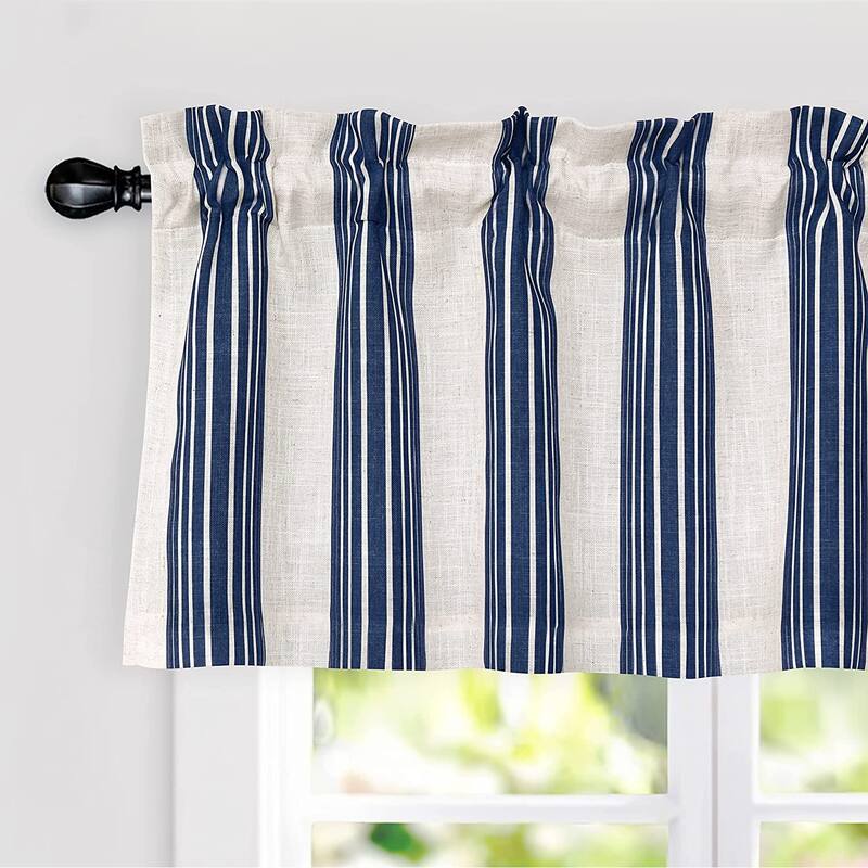 DriftAway Chris Vertical Striped Pattern Linen Textured Blackout Window Curtain Valance - 52" width x 18 " length - Ivory/Dark Blue
