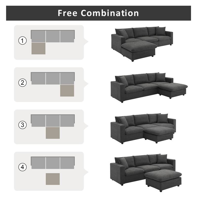 Modern L-shaped 4-seat Sectional Sofa w/ 2 Pillows,Convertible Ottoman