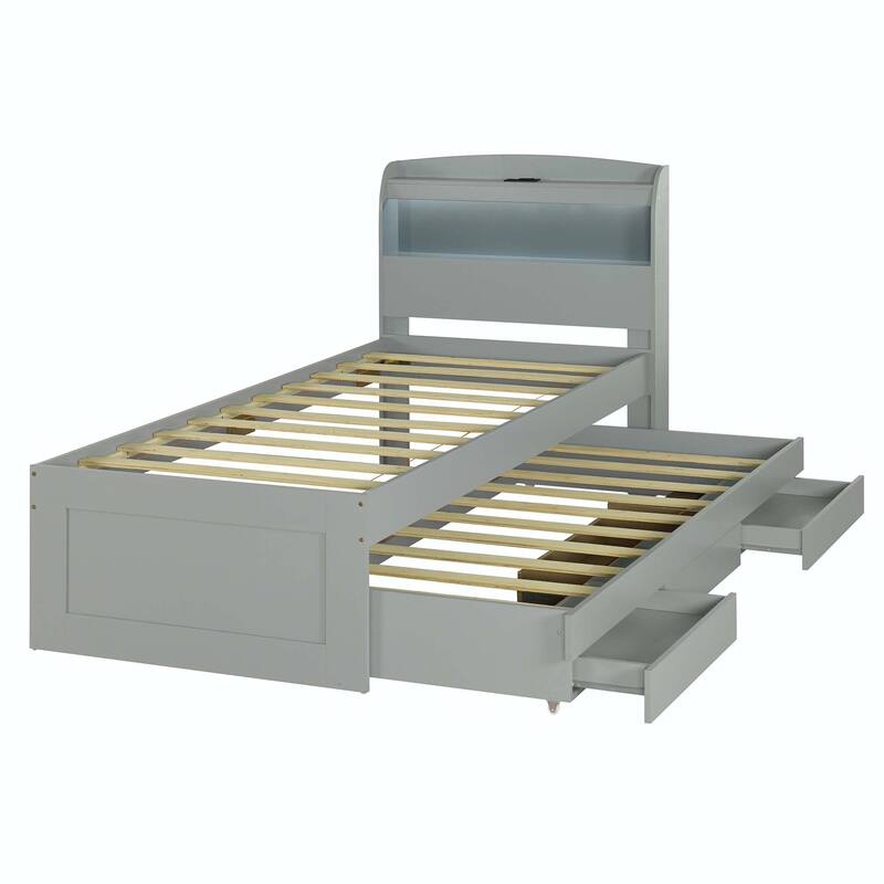 Twin XL Size Platform Bed with Storage LED Headboard, Charging Station