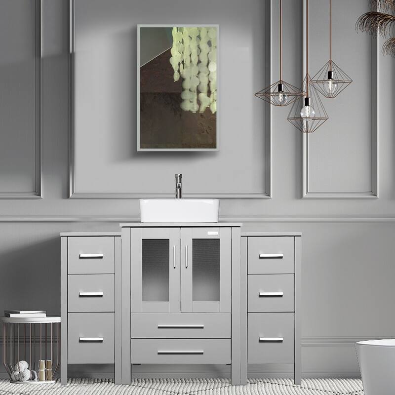 48" Bathroom Vanity Set Vessel Sink Mirror Faucet W/ Small Cabinet Combo - white ceramic rectangular sink - Grey