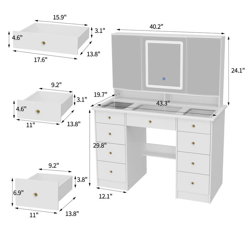 43" White Makeup Vanity Desk with LED Lighted Mirror, Tempered Glass Top, 9 Drawers Storage Dressing Table