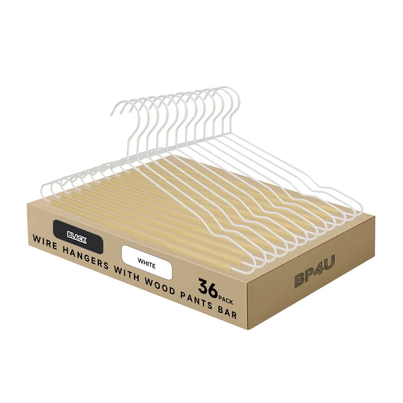 BP4U Heavy Duty Metal Clothes Hangers with Pants Bar, Wire Hangers with Beech Wood Trouser Bar for Sweaters, Jackets, Jeans - 36-Pack - White/Natural