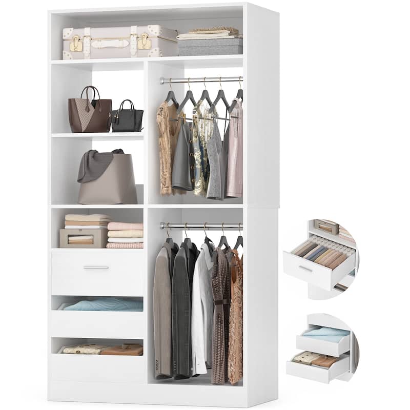 Qvella 72"-108" Closet System with Drawers and Hanging Rods,Freestanding Walk-in Closet Organizer System Wardrobe Closet Tower