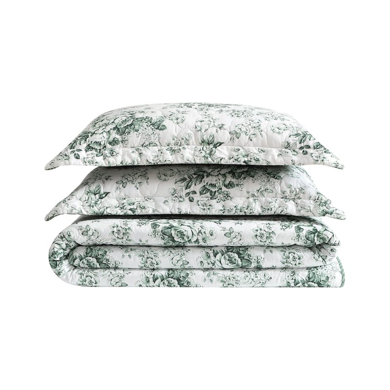 Laura Ashley Toile Delight Cotton Reversible Green Quilt Set