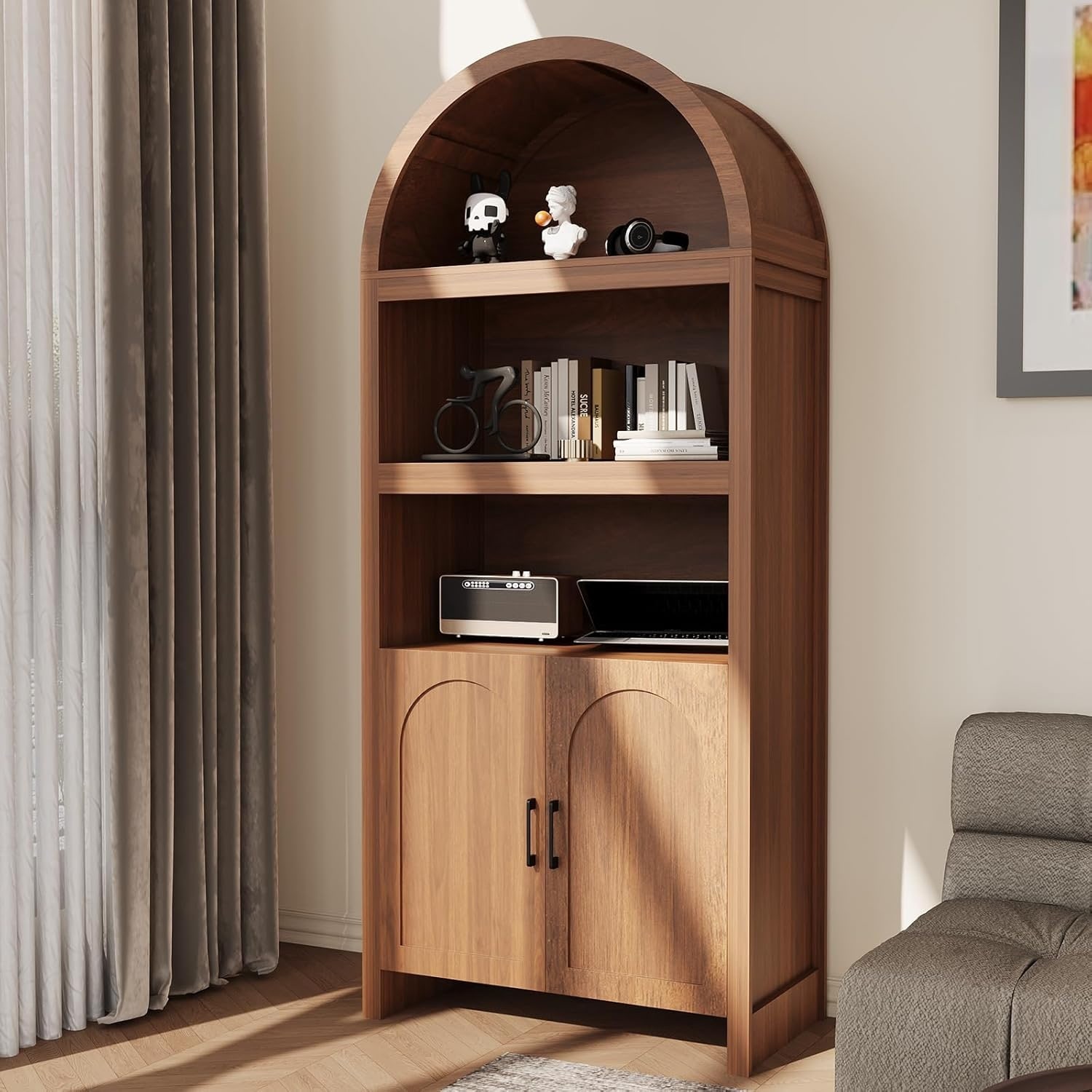 71" Tall Arched Cabinet, 5-Tier Arched Bookcase with Doors, 3 Open Display Shelves and Adjustable Shelf for Home