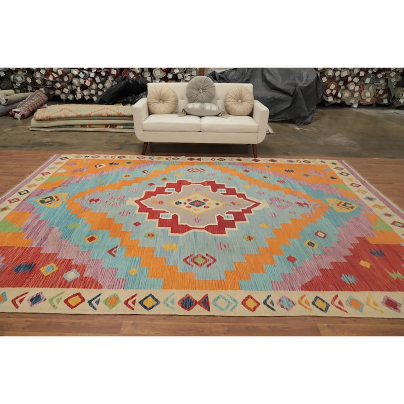 Hand Woven Oriental 100% Wool Carpet Southwestern Tribal Navy Blue & Blues Kilim Area Rug - 11' 11'' X 8' 7''