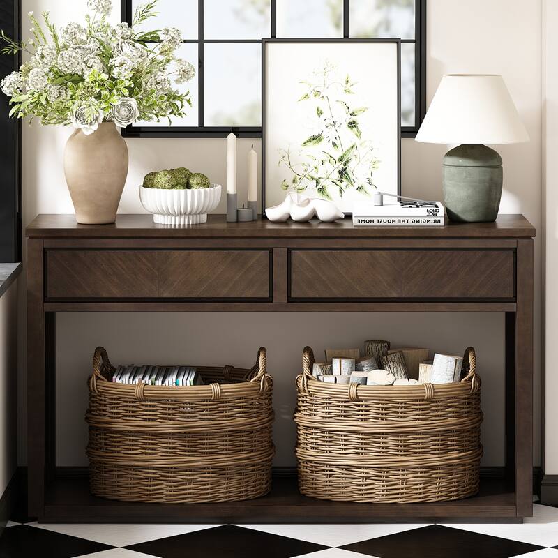 Brown Rustic Wooden Console Table with Storage Drawers
