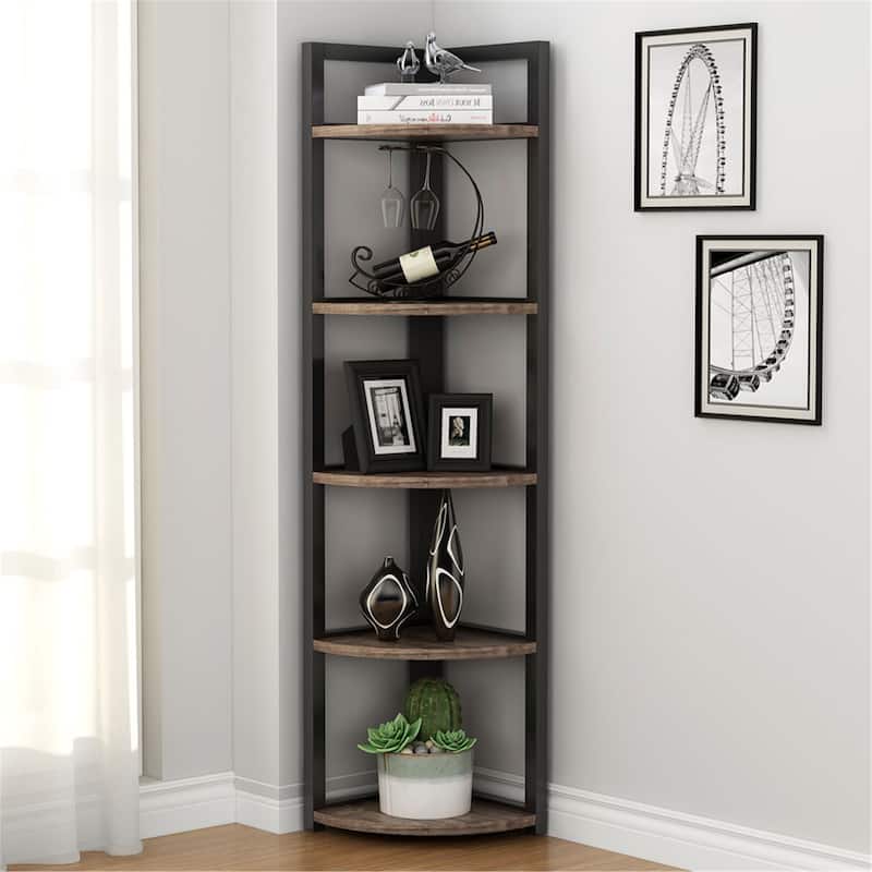 5 Tier Corner Shelf, Rustic Corner Storage Rack Plant Stand - Brown