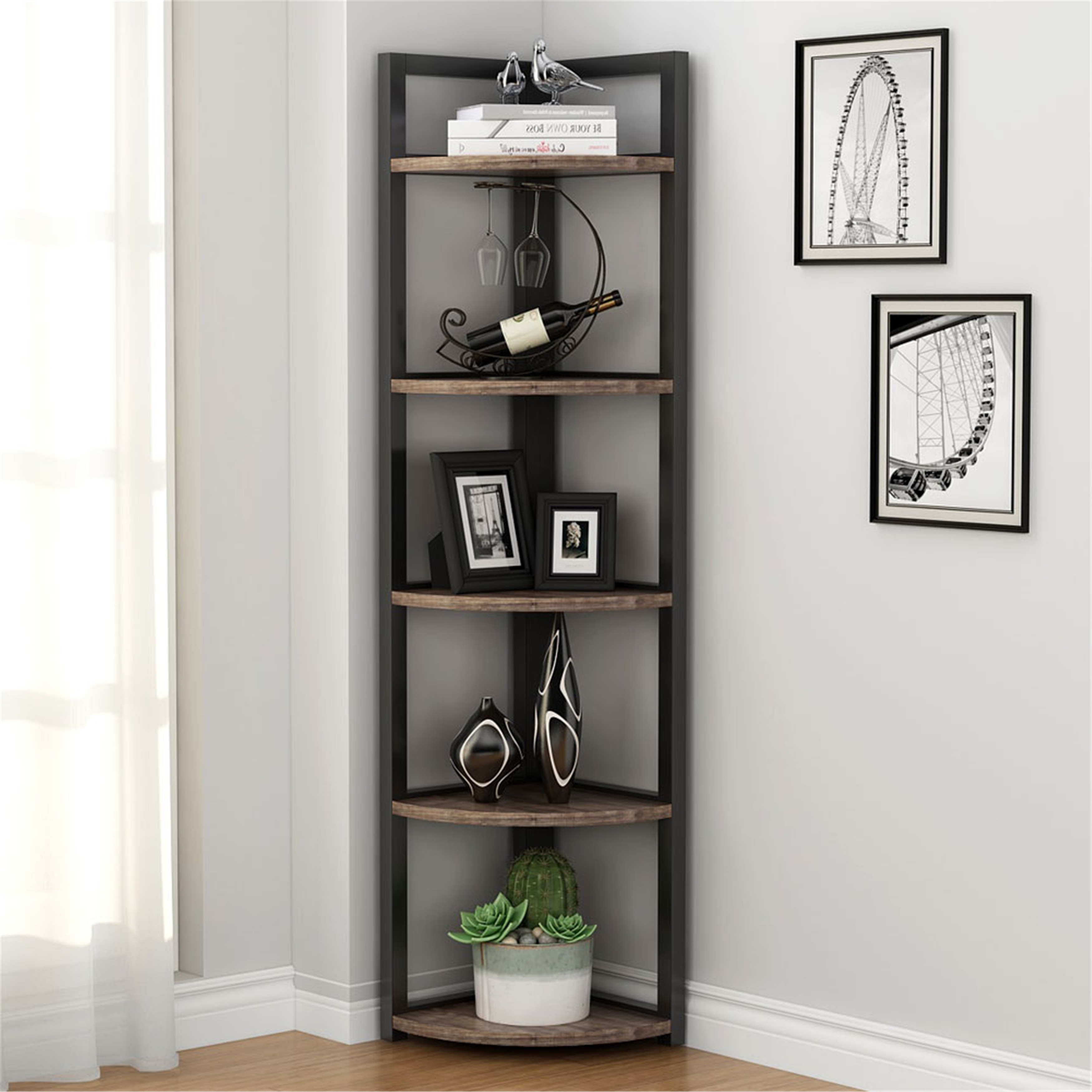 5-Tier-Corner-Shelf,-Rustic-