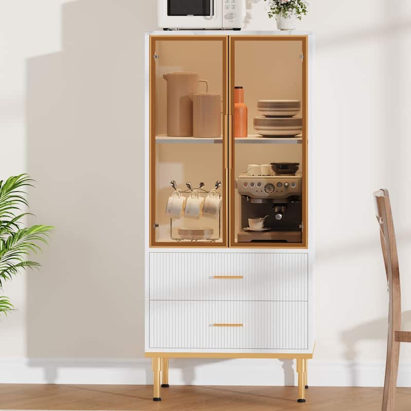Pantry Cabinet, Freestanding Kitchen Storage Cabinet with Glass Door and 2 Drawers, Modern Kitchen Cupboard with 2