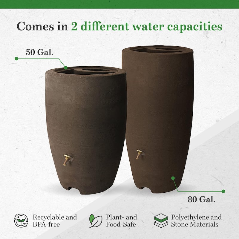 Algreen Athena 50 Gallon Plastic Rain Water Collection Drum Barrel, Brownstone - 14.5