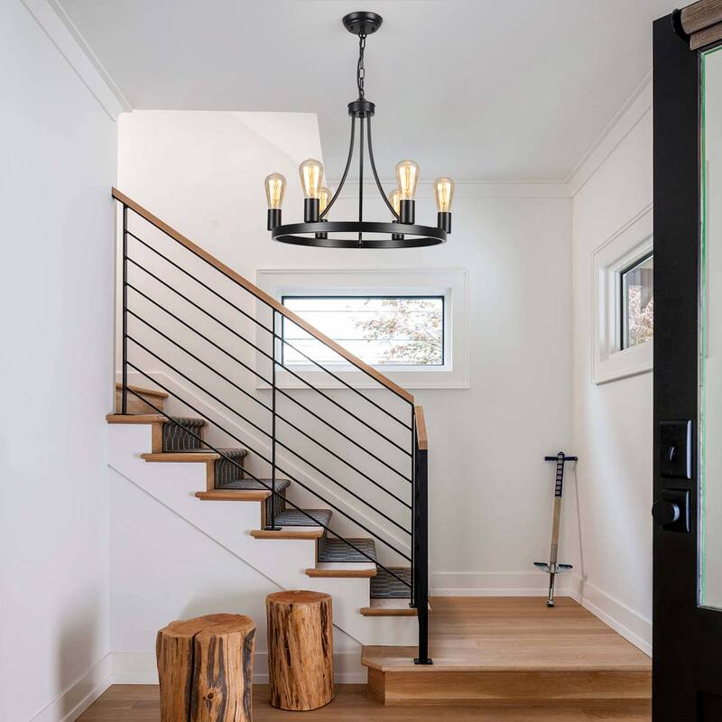 6-Light Farmhouse Metal Round Wagon Wheel Chandelier for Dining Room Living Room Bedroom Kitchen - 19.68'' D x 16.14'' H