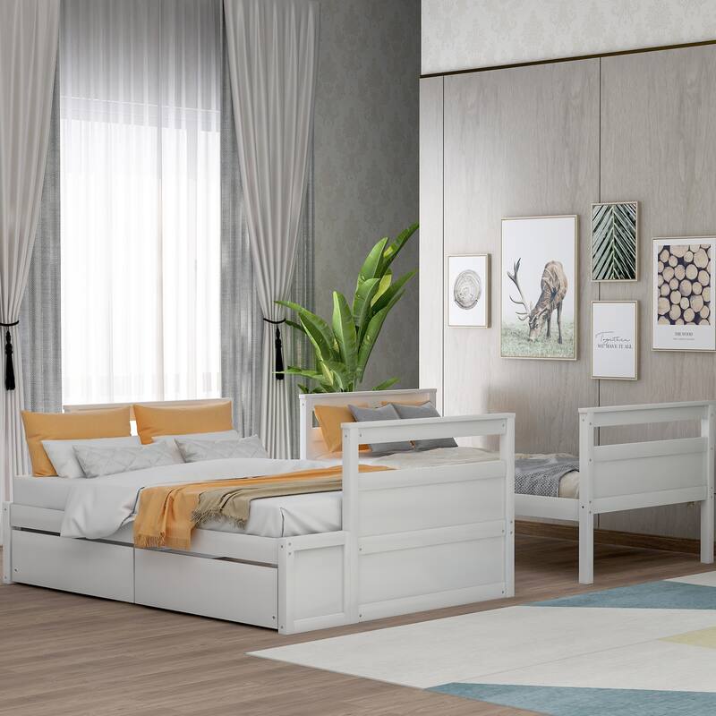 Twin over Full Bunk Bed with Storage Drawers, White - Space-Saving Design for Sleepovers