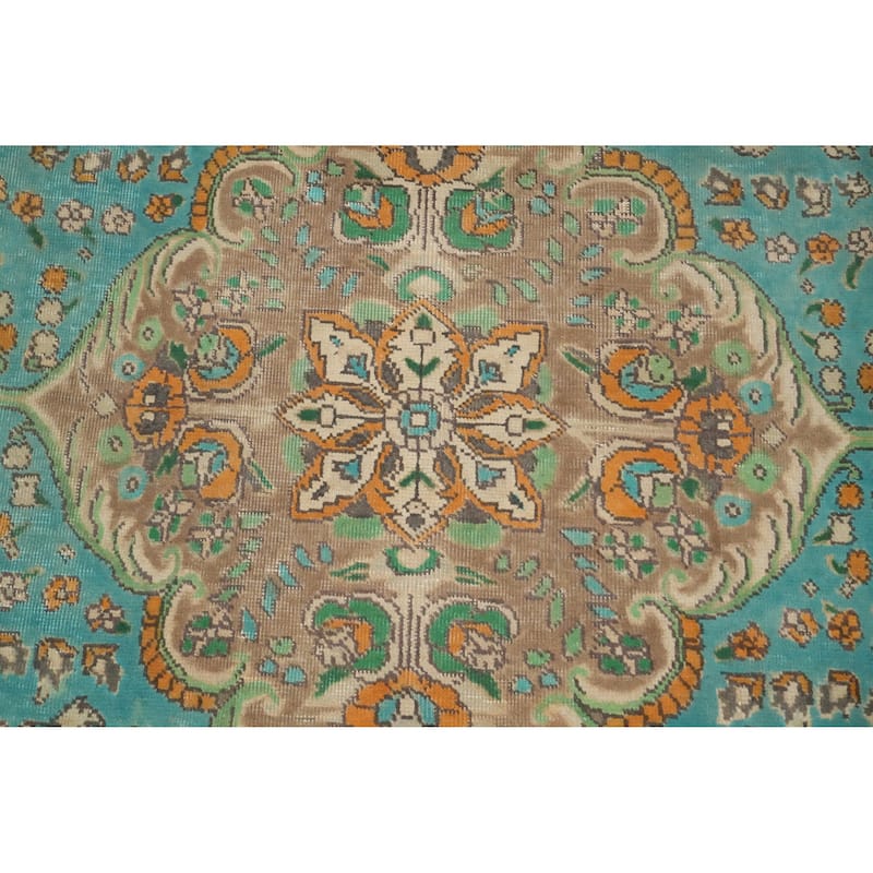 Hand Knotted Oriental 100% Wool Carpet Traditional Floral Navy Blue & Blues Tabriz Area Rug - 9' 2'' X 6' 3''