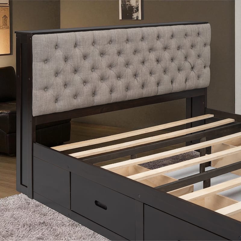 Queen Size Wooden Platform Bed with Upholstered Headboard, 4 Drawers, Storage Shelves & Shoe Rack