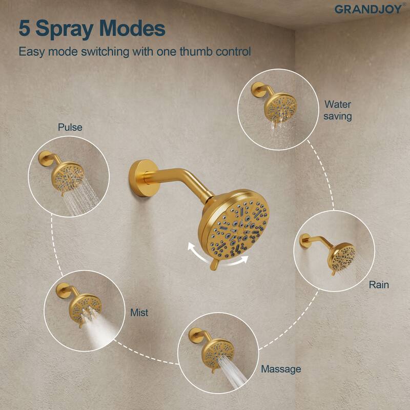 GRANDJOY 2-Function Shower System 5" High Pressure Shower Head and Tub Spout with Valve