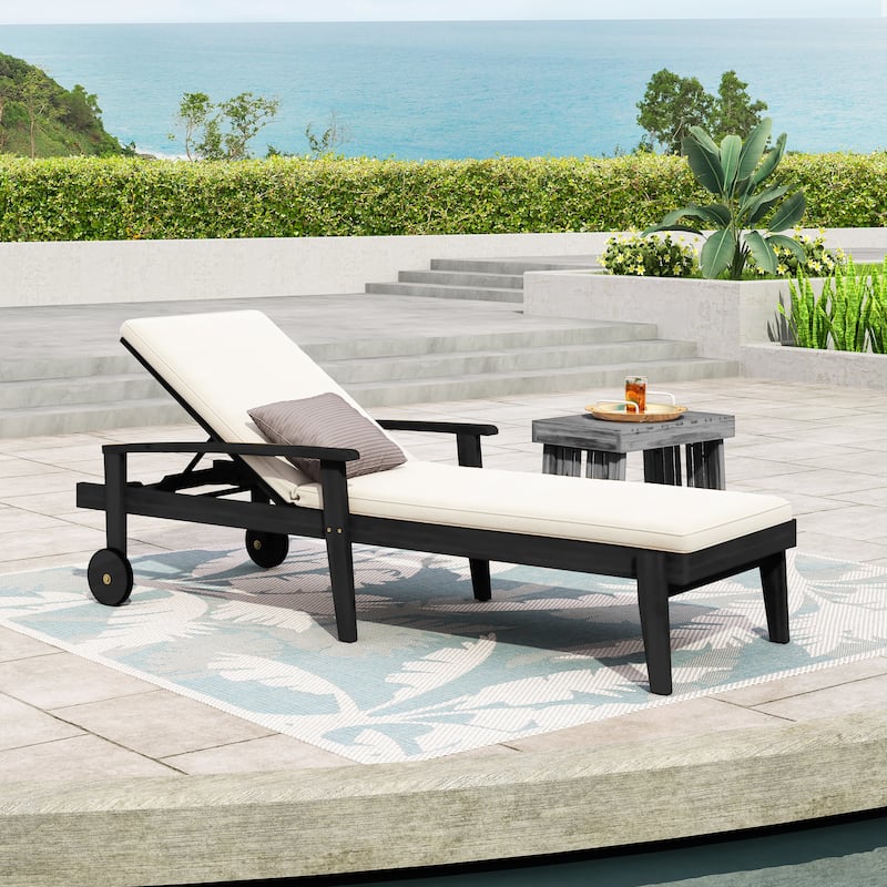 Outdoor Wood Chaise Lounge with Wheels and Adjustable Backrest, Cushion for Poolside Patio Garden