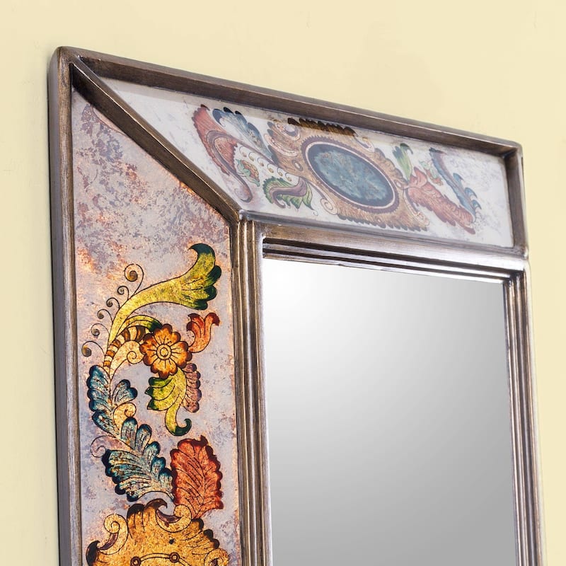 Handmade Ivory Floral Medallions Reverse Painted Glass Wall Mirror (Peru) - Multi