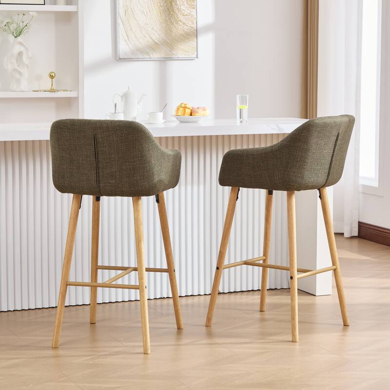 Modern Bar Stools Set of 2, Kitchen Island Tall Chairs with Back, Arm, Footrest and Solid Wood Leg, Upholstered Bar Stools