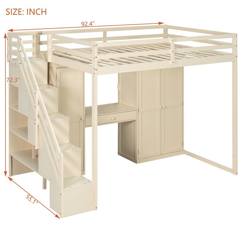 Roomfitters Full Size Loft Bed with Wardrobe, Dressing Table and Storage Staircase