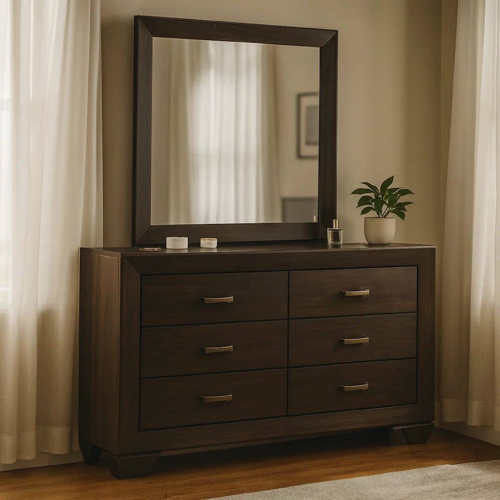Bello Wide Dresser with Matching Mirror, 6 Drawers, Dark Cocoa Brown