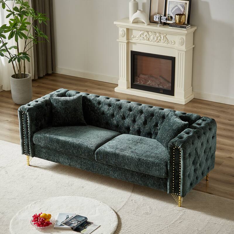 Modern 82-Inch Chenille Sofa, Button-Tufted with Copper Nail Decoration and Metal Legs - Green