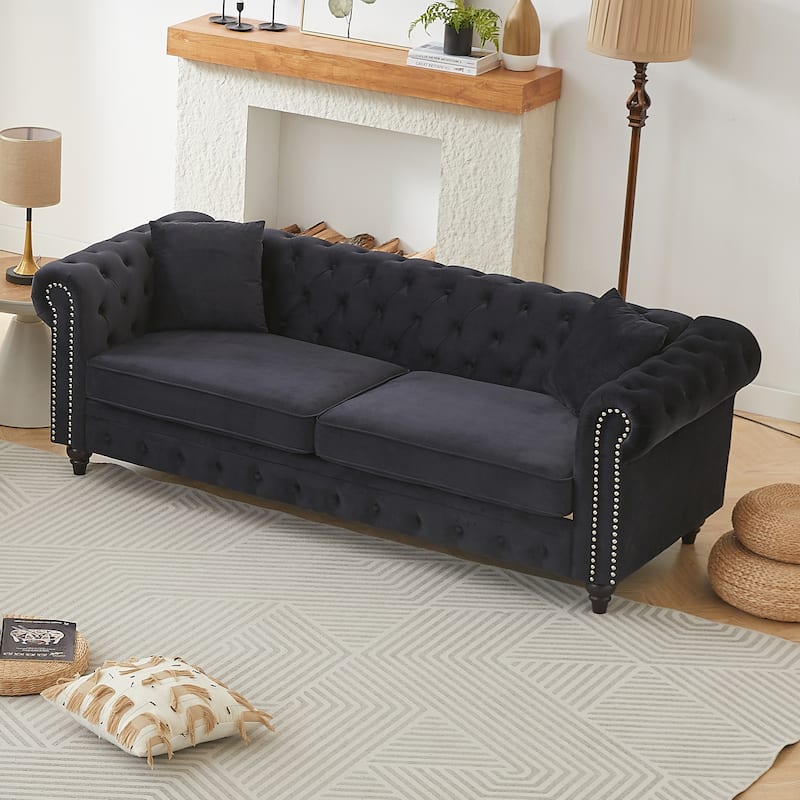 85.5"Living Room With Velvet Chesterfield Sofa With Rolled Arms 3 Seater Sofa With Button Design And 2 Cushions