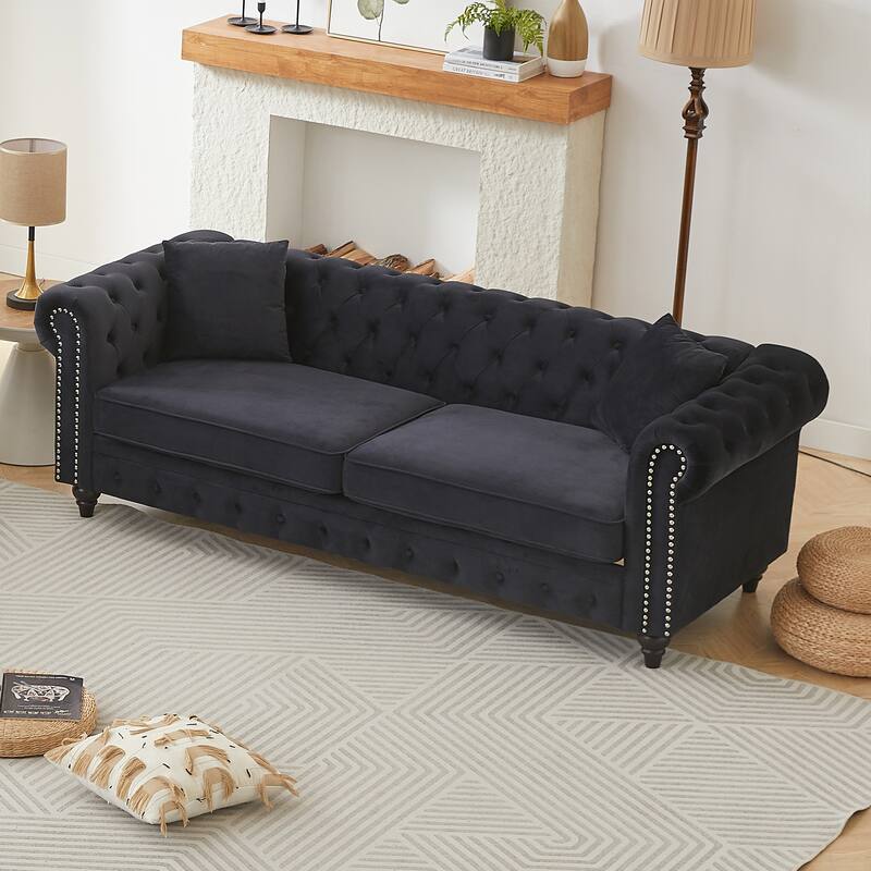 Velvet Chesterfield 3 Seater Sofa, Oversized Button Tufted Upholstered Sofa, Deep Seat Sofa with Rolled Arms & Nailhead Trim