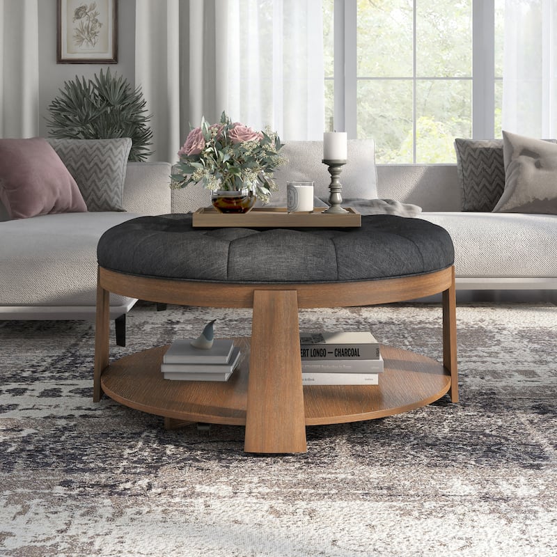 Geoffrey Transitional Round Natural Wood Open-Shelf Tufted Ottoman with Wheels by Furniture of America