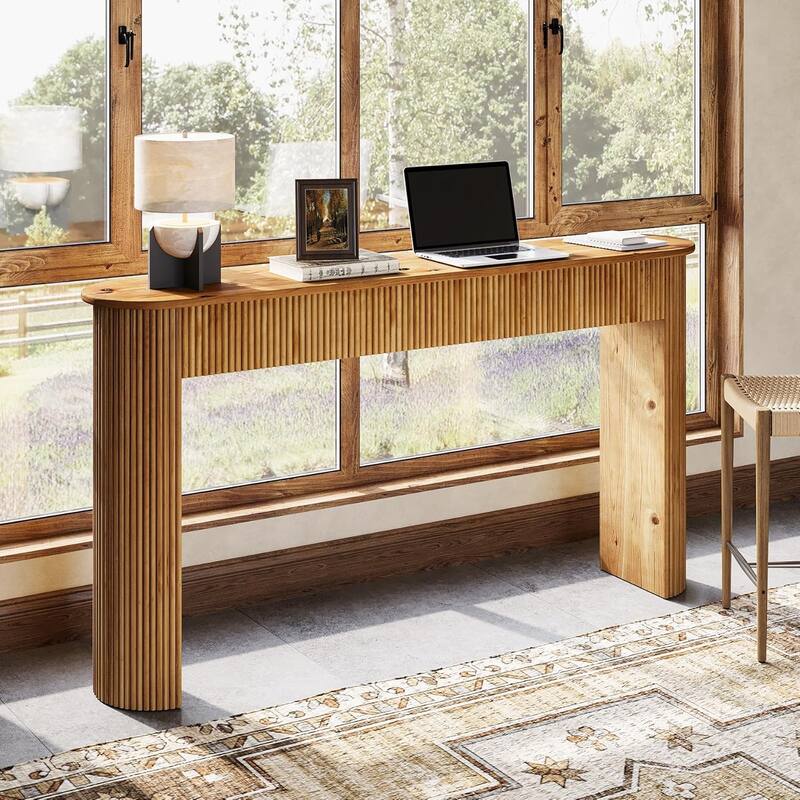 Solid Wood Console Table, 63" Long Retro Entryway Table with Vertical Fluted Stripes