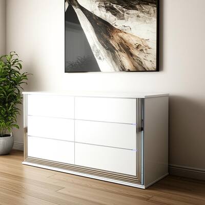 HomeRoots 61" White Wood Lighted Six Drawer Double Dresser