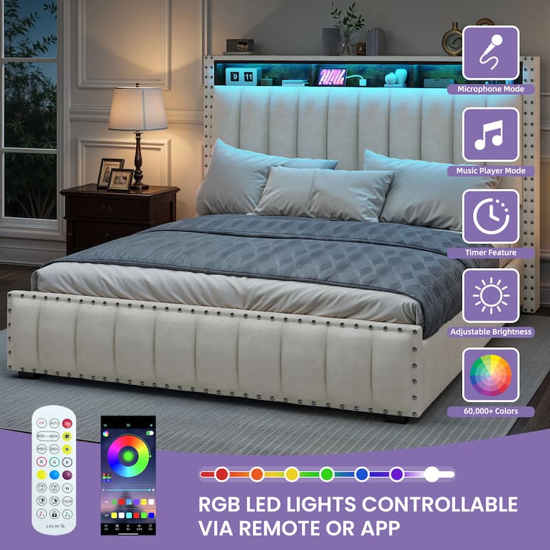 Lift Up Storage Nailhead Bed Frame with Charging Station, Velvet Upholstered Platform Bed with RGB LED Lights