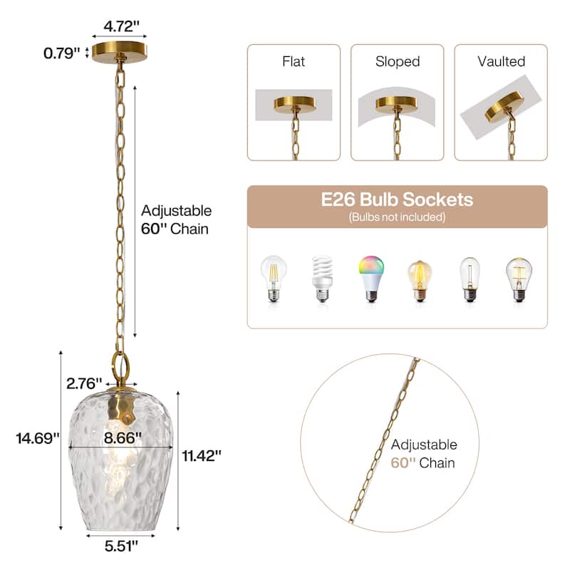 Modern Hammered Pendant with 60'' Adjustable Chain, Thick Textured Glass Shade