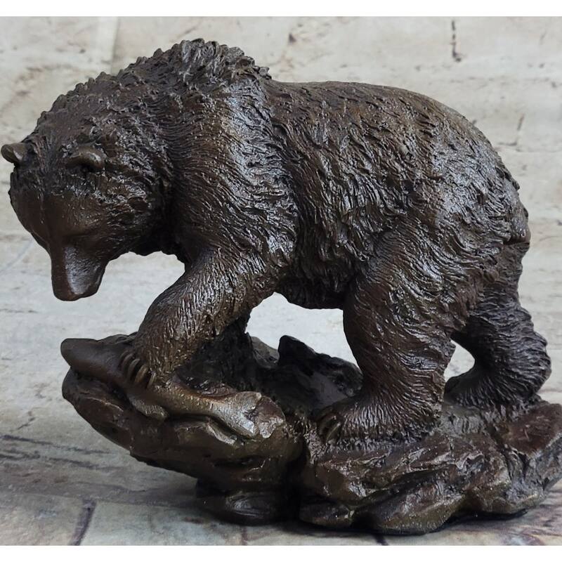 Original Burly Black Bear With His Fish Dinner Bronze Sculpture Statue Figurine