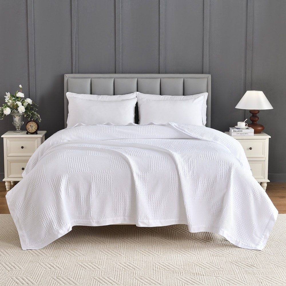 100% Cotton Waffle Weave Lightweight Bed Blanket, Cotton Sateen Bordered