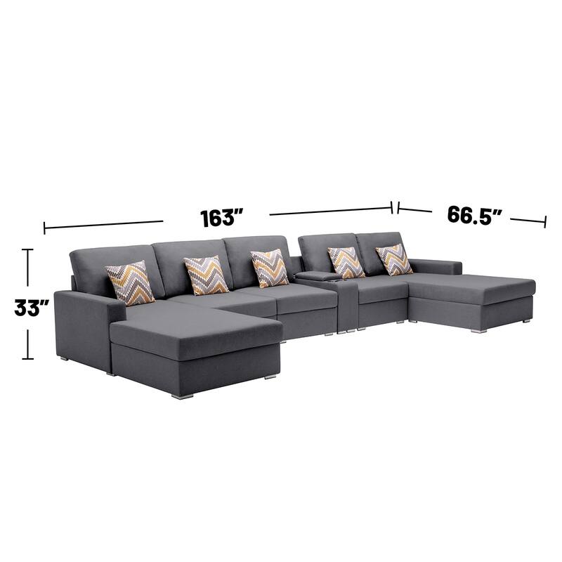 Linen Fabric 6 Piece Double Chaise Sectional Sofa with Storage Console Table and 5 Pillows