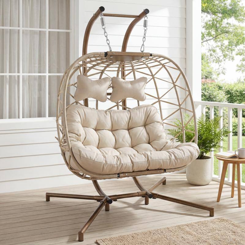 Oversized Outdoor Double Hanging Egg Chair with Cushions, 700 lbs Capacity Swing Chair for Indoor or Patio - Beige