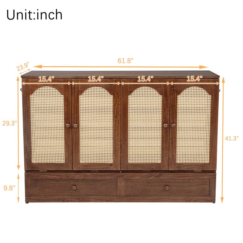 Queen Size Murphy Bed Foldable to Space Saving Rattan Cube Cabinet Convertible Platform Bed Frame with Power Station and Drawer