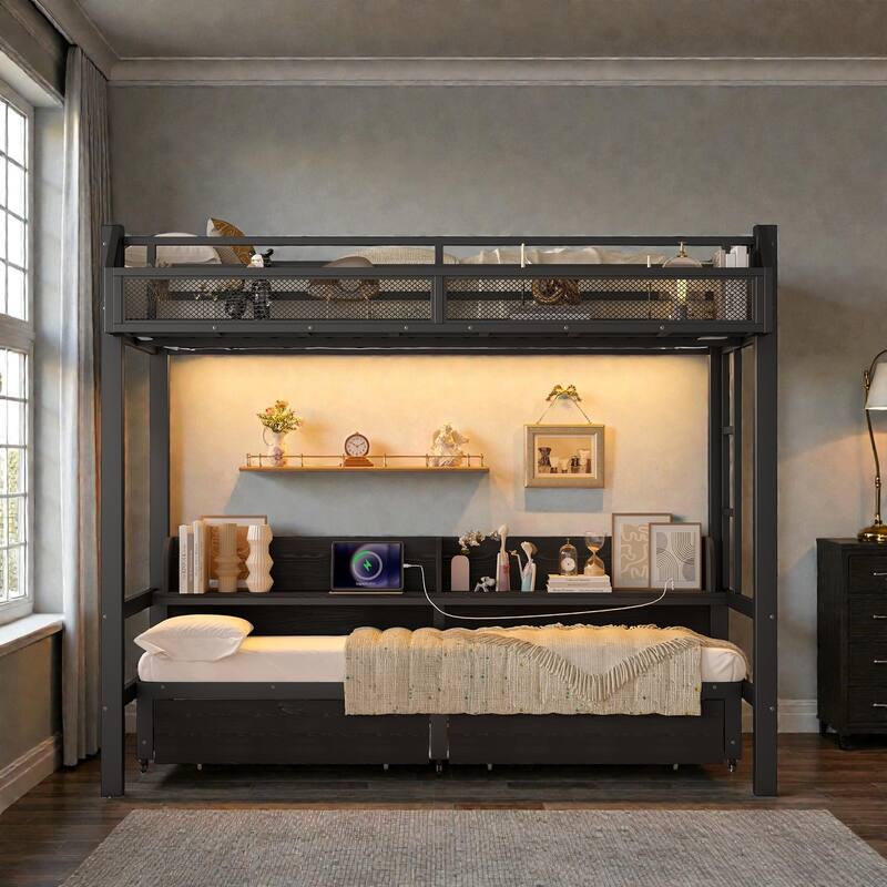 Metal Bunk Bed with Storage Shelves, Drawers, USB Ports, LED Lights & Convertible Lower Bed Sofa Design