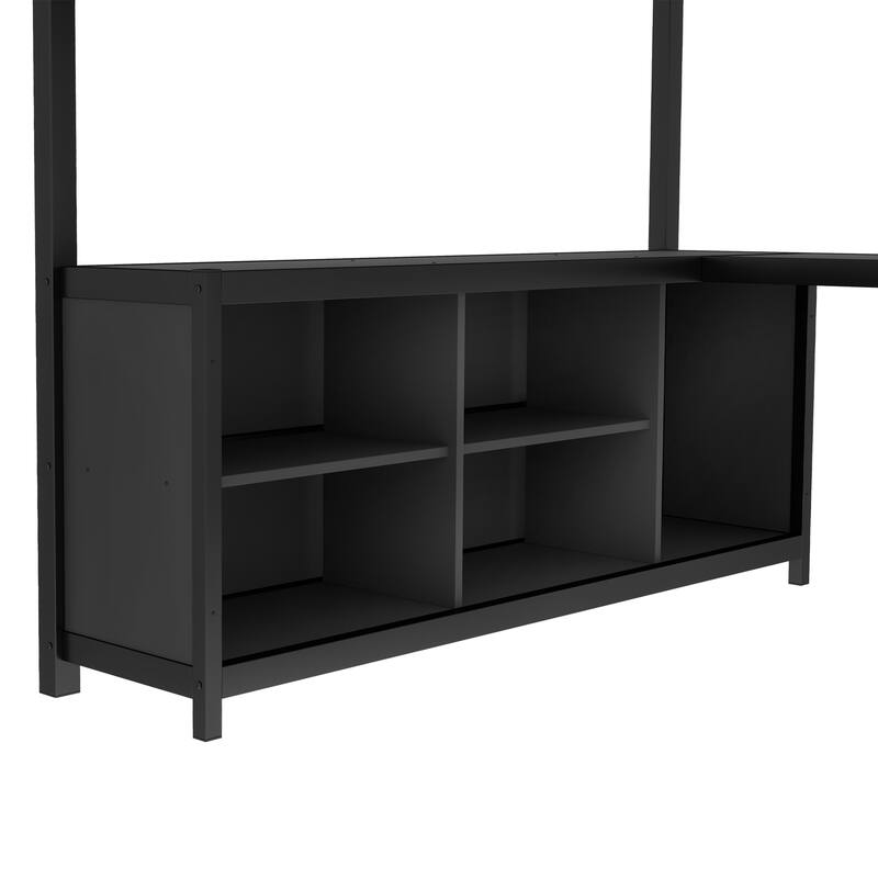 Roomfitters Queen Size Metal Loft Bed with Wardrobe & L-Shaped Desk, Storage Cubes & Shelves, Space-Saving Frame, Black