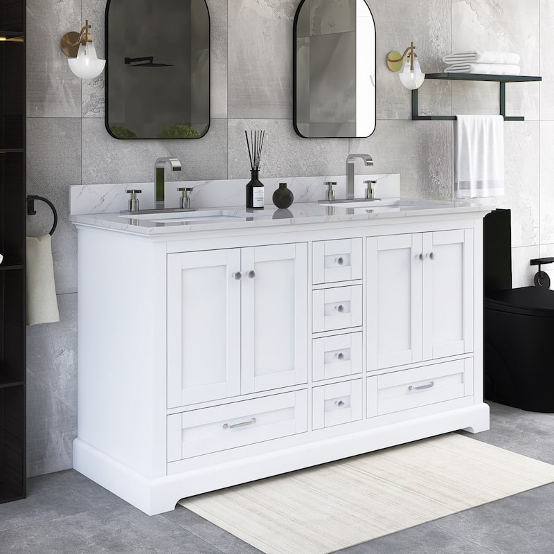 60 inch Plywood Double Sink Freestanding Bath Vanity with White Marble Top - 60" x 22"