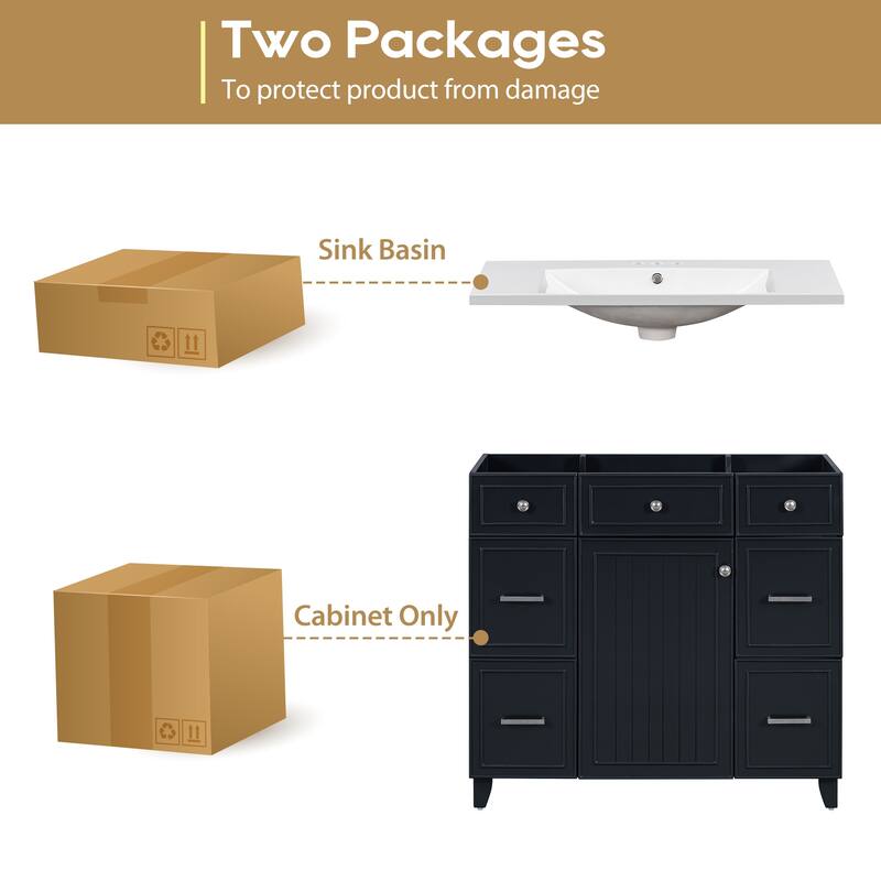 Modern 36-Inch Free-Standing Vanity with Single Sink, Storage Drawers & Adjustable Shelf
