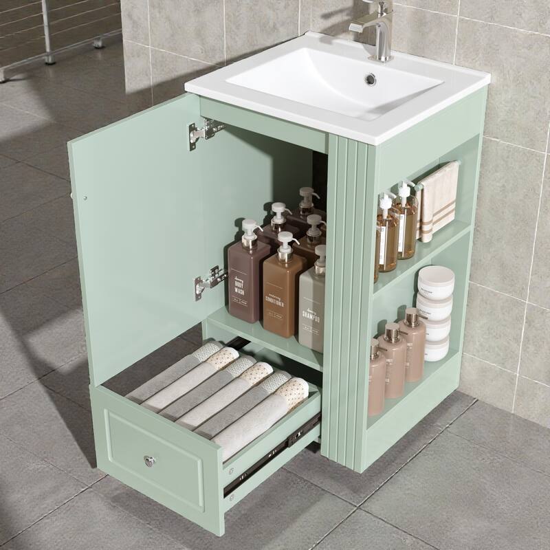 20" Small Bathroom Vanity with Ceramic Sink, Soft-Close Drawer, Open Shelves & Towel Bar, Modern MDF Freestanding Cabinet