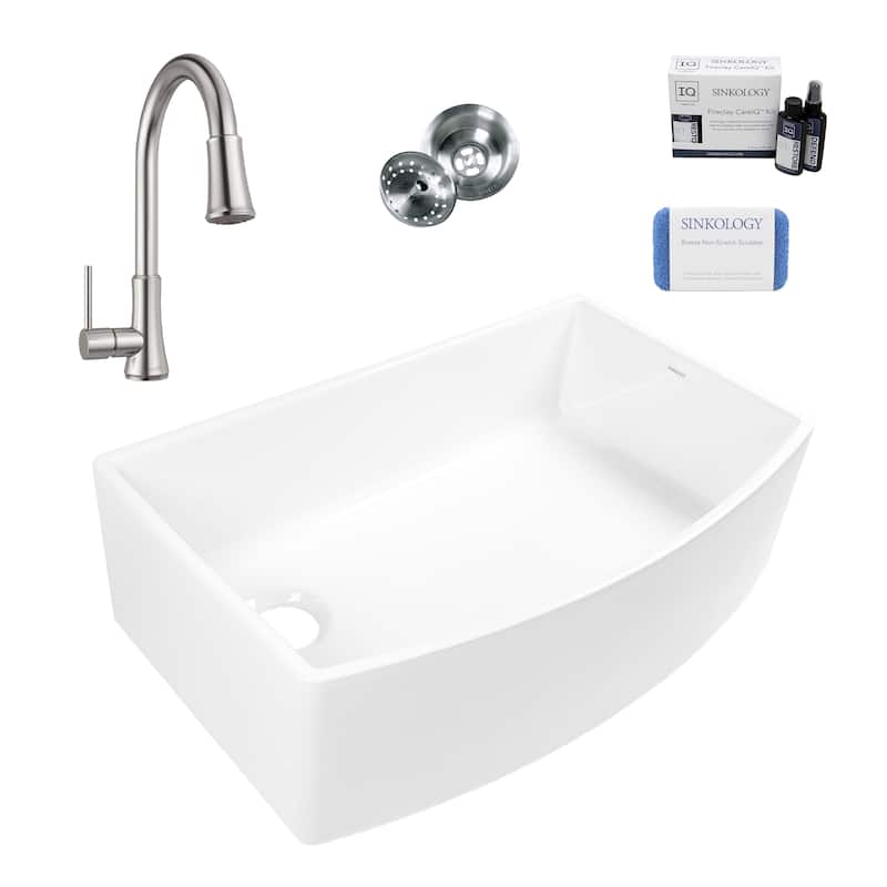 Austen Crisp White Fireclay 33" Farmhouse Apron Front Bow Front Single Bowl Kitchen Sink with Pfirst Faucet Kit
