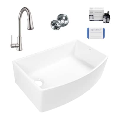 Austen Crisp White Fireclay 33" Farmhouse Apron Front Bow Front Single Bowl Kitchen Sink with Pfirst Faucet Kit