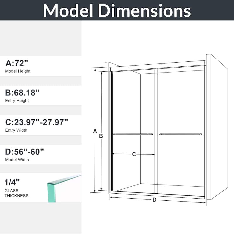 Semi-Frameless Double Tempered Glass Sliding Shower Door,1/4" Thick