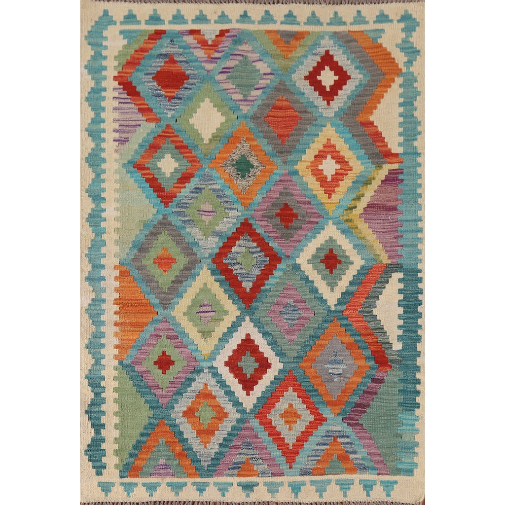 Multicolor Kilim Accent Oriental Area Rug Hand-Woven Wool Carpet - 3'4"x 4'10"