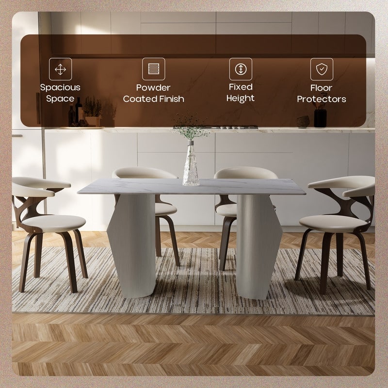 Zelan Mid-Century Modern Sintered Stone Dining Table - Rectangular Kitchen Table with Semi-Circular Steel Legs